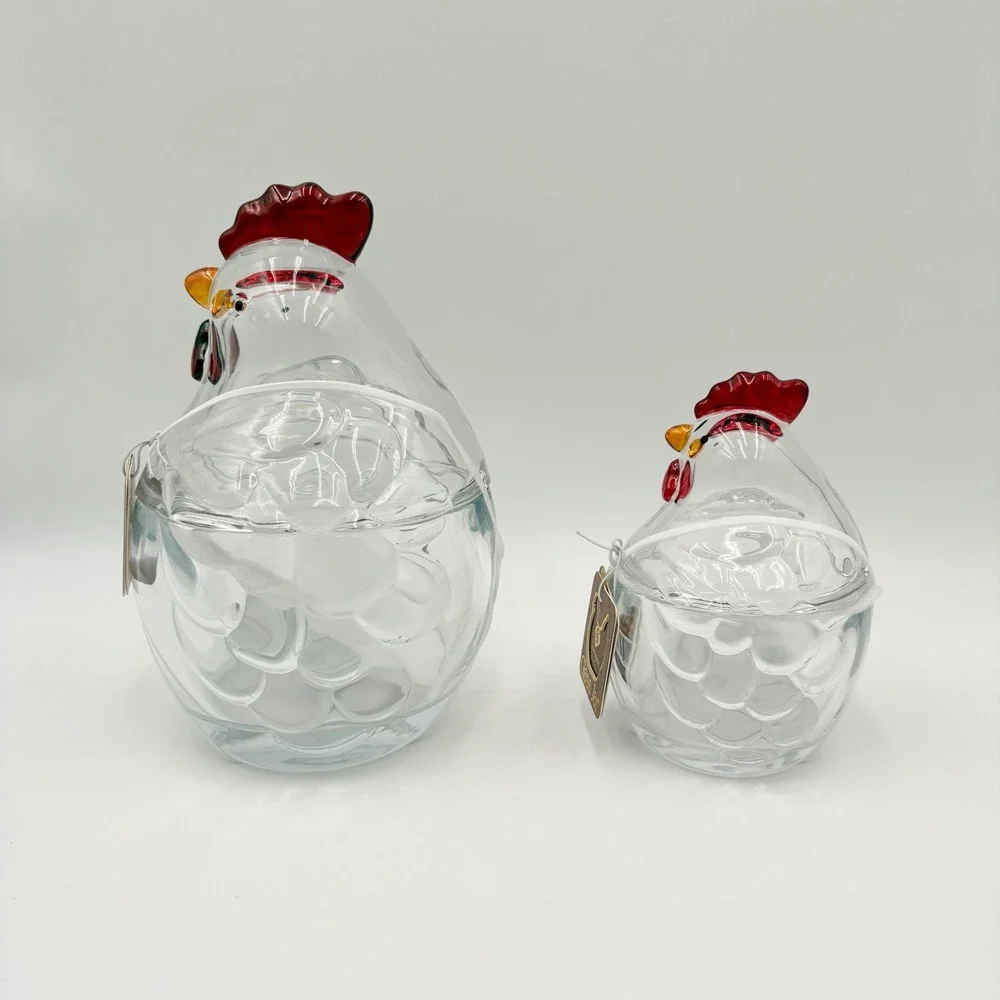 Gourmet Kitchen Glass Chicken Jar Set of 2 Clear Hen Canisters Farmhouse Decor